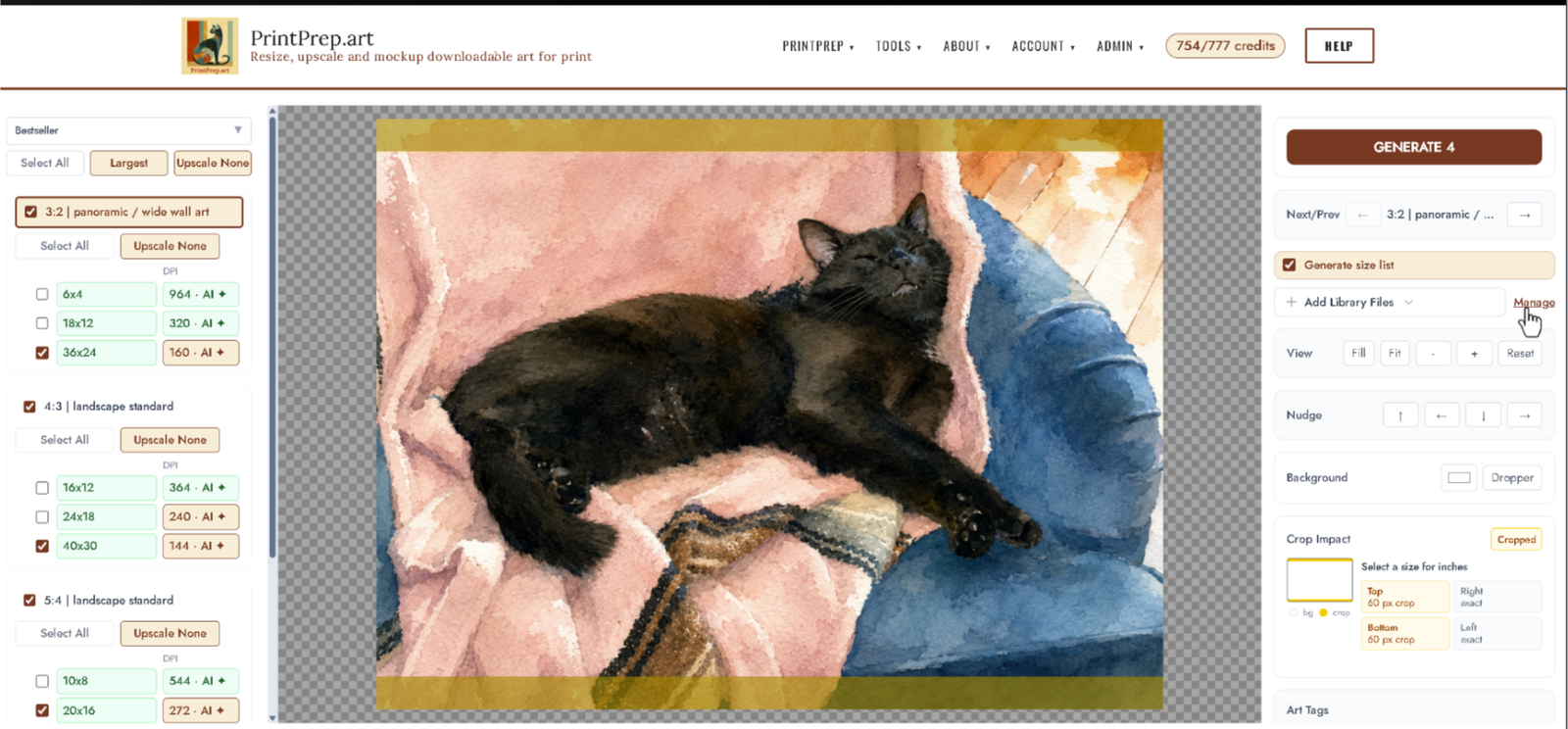 Crop and upscale workspace with researched print sizes